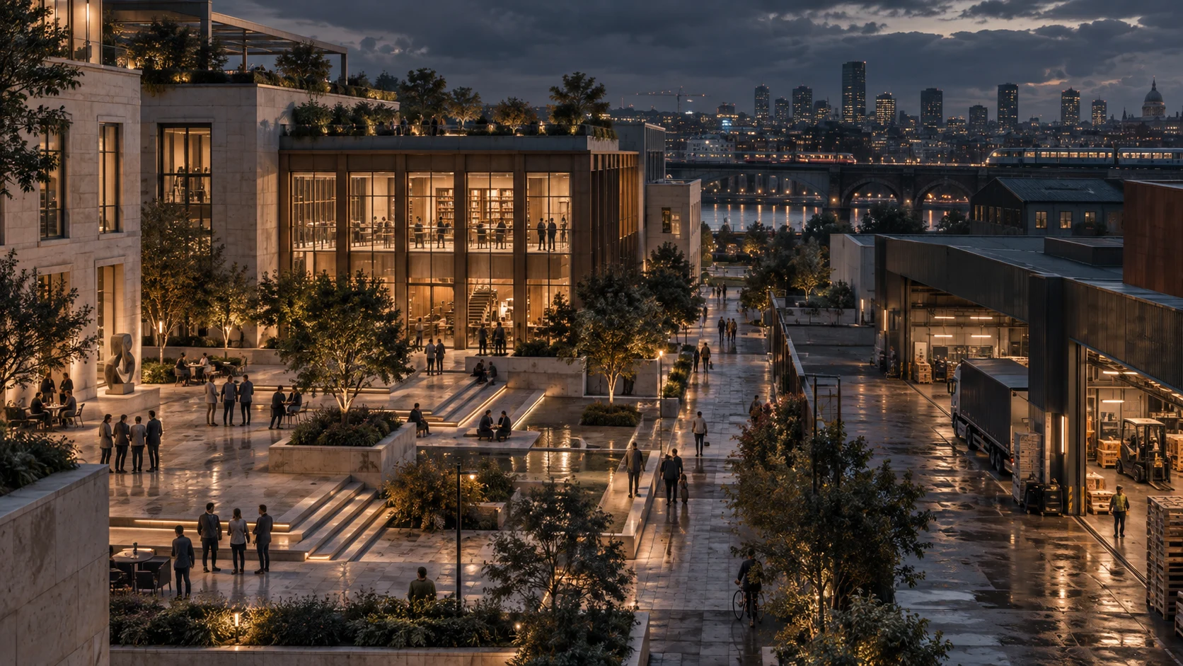 An illustrated district of learning, community life and industry at dusk